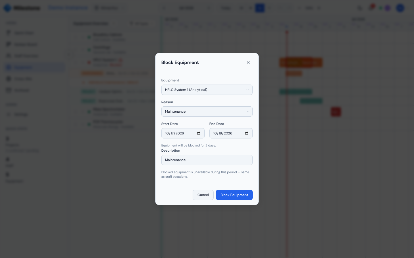 Block Equipment modal with equipment, date range, reason, and description fields